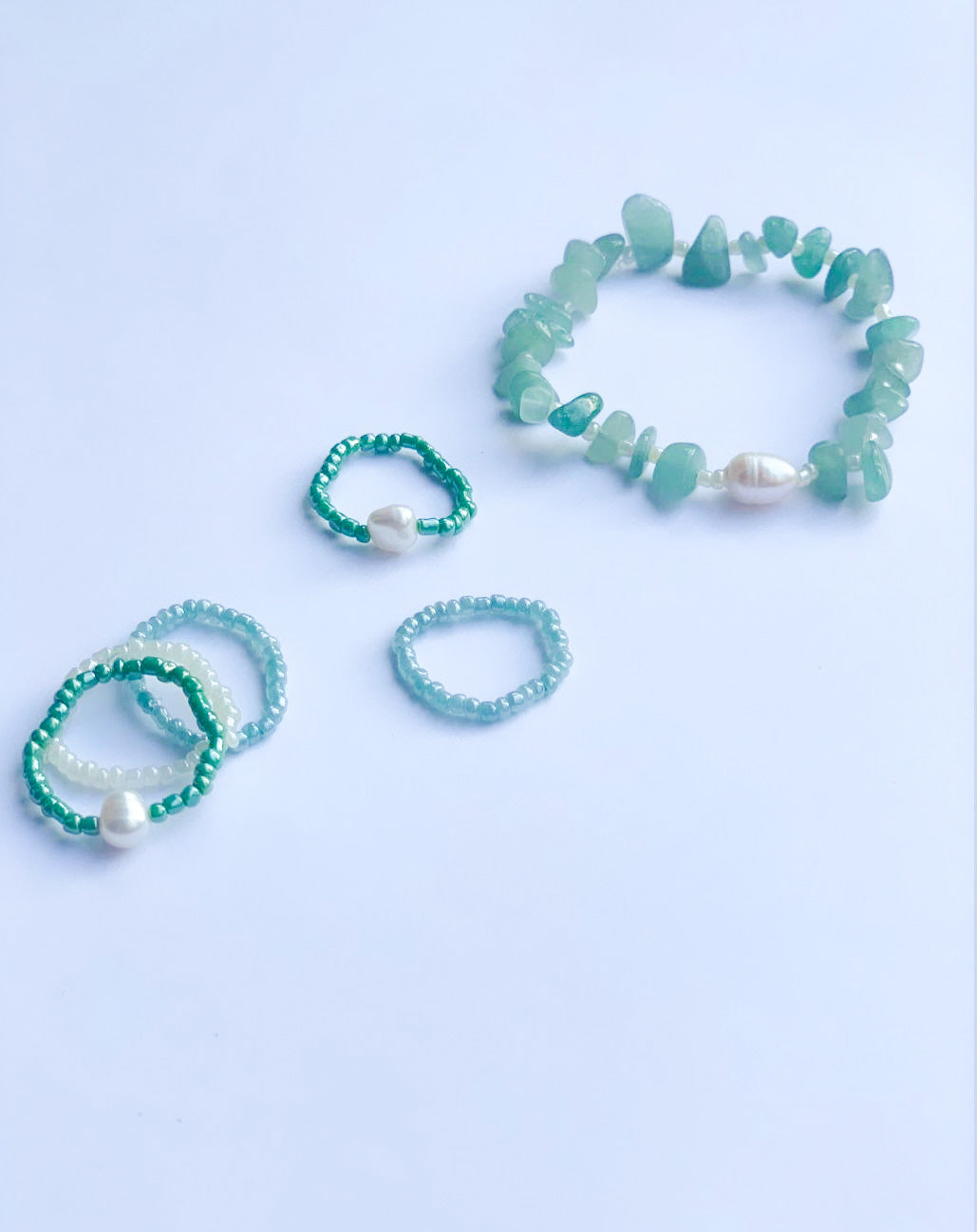 Pearl Detail Bracelet and Ring Stack - Green